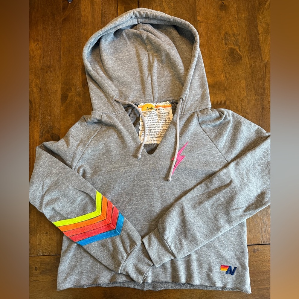 Aviator Nation Gray Hoodie with Rainbow Stripes